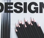 Black pencils arranged creatively next to large typography 'DESIGN'.